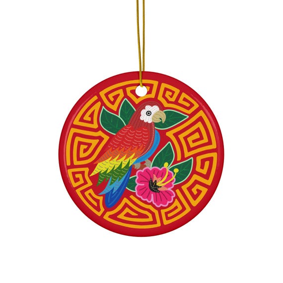 Colorful Parrot Floral Round Ornament