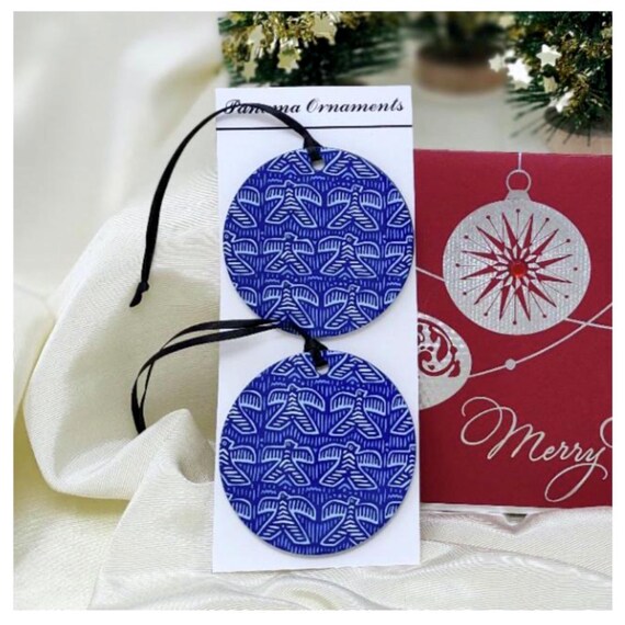 Bird Mola in Blues Round MDF Ornaments, Set of 2