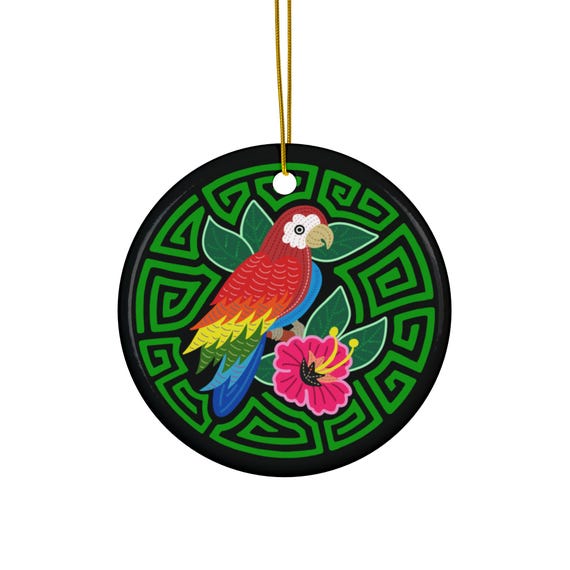 Tropical Parrot Floral Ceramic Ornament | Round Holiday Decoration