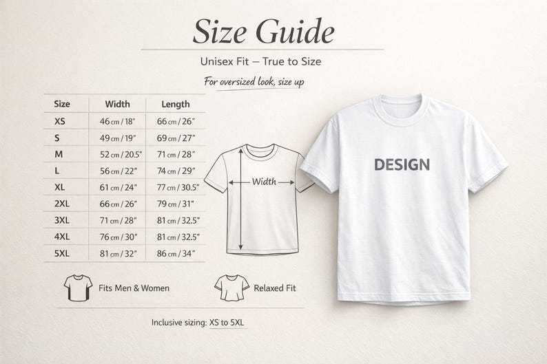 K&ouml;nnte beinhalten: Ein wei&szlig;es T-Shirt mit dem Wort "DESIGN" auf der Vorderseite. Das Bild enth&auml;lt eine Gr&ouml;&szlig;entabelle mit Ma&szlig;en in cm und Zoll f&uuml;r die Gr&ouml;&szlig;en XS bis 5XL. Der Leitfaden gilt f&uuml;r Unisex-Passform, True to Size und Relaxed Fit.