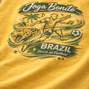 K&ouml;nnte beinhalten: Gelbes T-Shirt mit einem grafischen Design. Das Design zeigt die Worte "Joga Bonito" und "Brazil", einen Fu&szlig;ballspieler, einen Jaguar, Fu&szlig;b&auml;lle und Noten in Gr&uuml;n und Wei&szlig;.