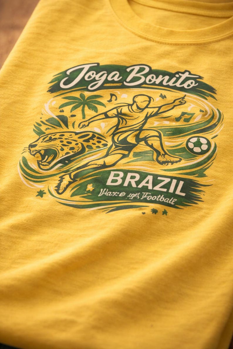 K&ouml;nnte beinhalten: Gelbes T-Shirt mit einem grafischen Design. Das Design zeigt die Worte "Joga Bonito" und "Brazil", einen Fu&szlig;ballspieler, einen Jaguar, Fu&szlig;b&auml;lle und Noten in Gr&uuml;n und Wei&szlig;.