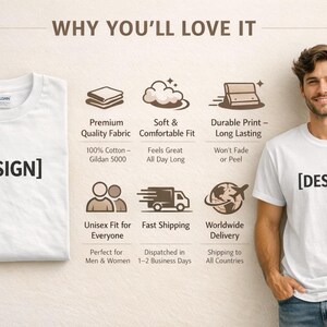 K&ouml;nnte beinhalten: Zwei wei&szlig;e T-Shirts, eines gefaltet und eines getragen, beide mit dem Wort "DESIGN" in Schwarz bedruckt. Das Bild hebt Merkmale wie hochwertigen Stoff und eine bequeme Passform hervor. Eine Person tr&auml;gt ebenfalls das T-Shirt.