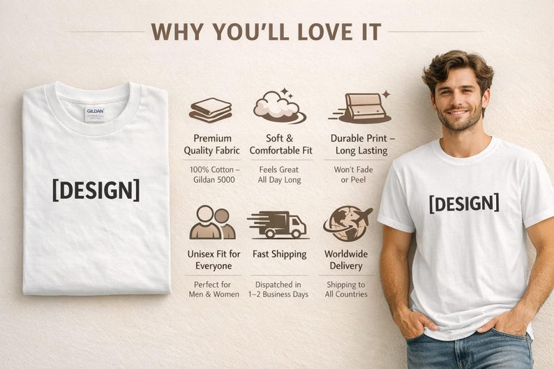 K&ouml;nnte beinhalten: Zwei wei&szlig;e T-Shirts, eines gefaltet und eines getragen, beide mit dem Wort "DESIGN" in Schwarz bedruckt. Das Bild hebt Merkmale wie hochwertigen Stoff und eine bequeme Passform hervor. Eine Person tr&auml;gt ebenfalls das T-Shirt.