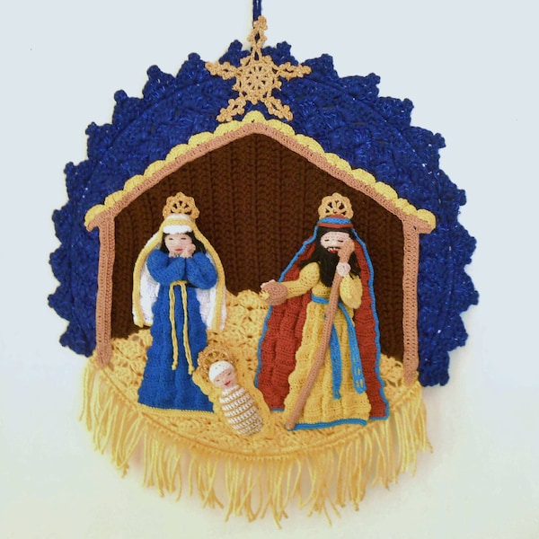 crochet nativity wall hanging, crochet wall art, home decor, Mary, Joseph, baby Jesus, Christmas gift, fiber art, Christmas nativity