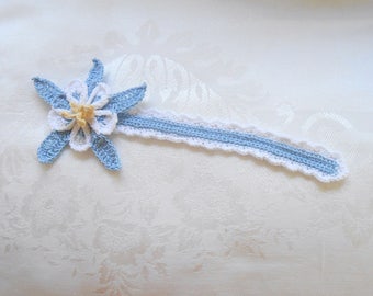 Columbine flower bookmark, blue and white thread crochet bookmark, back to school supply, readers gift, irish crochet, unique bookmark,