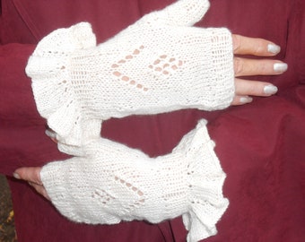 fingerless merino & cashmere gloves, lace flower and ruffles women hand knitted fingerless gloves, gift for her, Christmas gift, bridal gift