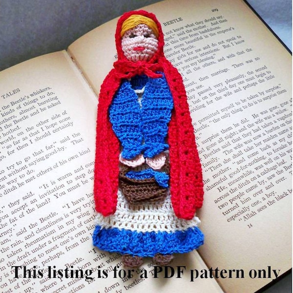 crochet PDF pattern, little red riding hood bookmark, fairytale crochet instructions,  shadow box art diy, home decor diy, unique bookmark
