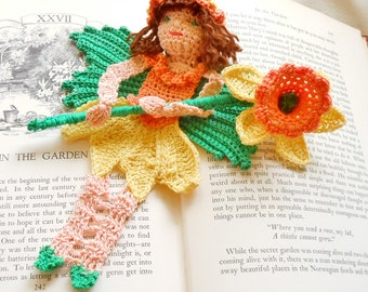 crochet flower fairy bookmark,  daffodil fairy decoration, fairy ornament, unique bookmarks, wall decor, Christmas gift, shadow box art