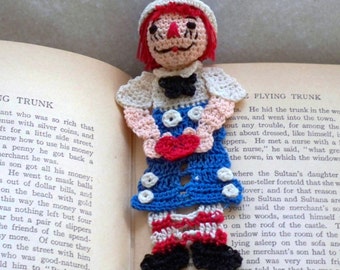 raggedy andy thread crochet bookmark, readers gift, men, christmas gift, unique bookmark, red, white and blue, shadow box art, school supply