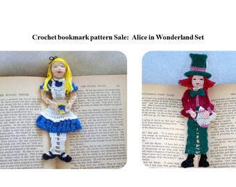 Alice in Wonderland crochet bookmark/decoration patterns, thread crochet bookmark instructions, unique bookmarks diy, wall decor diy,