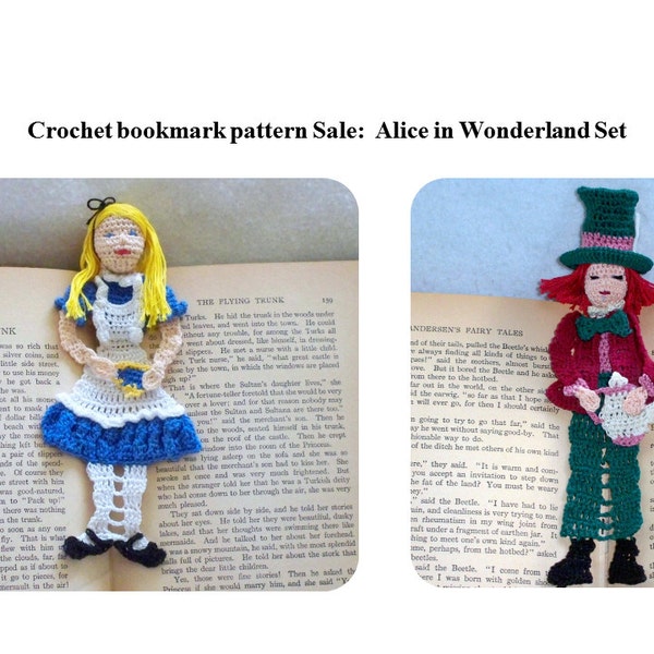 Alice in Wonderland crochet bookmark/decoration patterns, thread crochet bookmark instructions, unique bookmarks diy, wall decor diy,