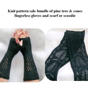 knit patterns, fingerless gloves and matching scarf knit pattern bundle of Pine tree and cones knit patterns, womens knit scarf and gloves