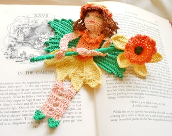 daffodil fairy thread crochet bookmark pattern, fairy ornament DIY, fairytale amigurumi instructions, crochet shadow box art pattern,