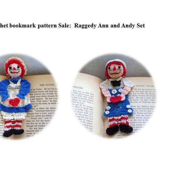 Raggedy Ann and Andy Crochet bookmark pattern set, Raggedy Ann and Andy crochet decorations crochet pattern, home decor diy, readers gift