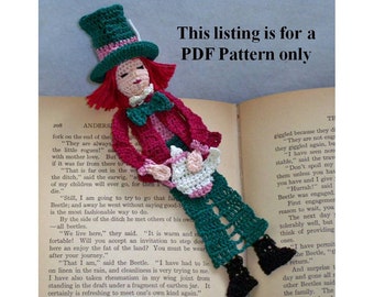 haak pdf patroon, gekke hoedenmaker bladwijzer, muur decor diy, amigurumi draad haak instructies, Alice in Wonderland DIY, unieke bladwijzer