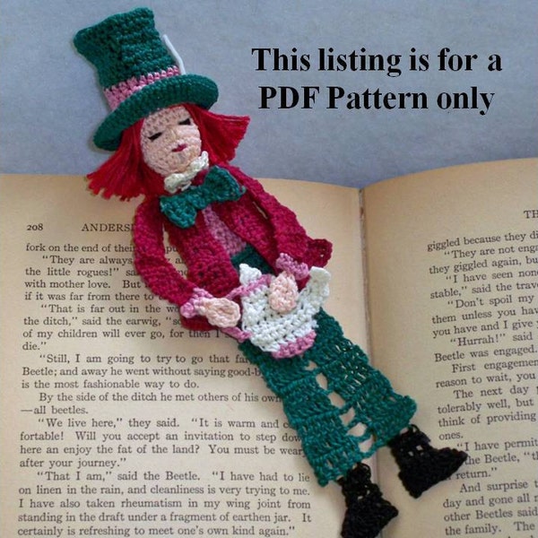crochet pdf pattern, mad hatter bookmark, wall decor diy, amigurumi thread crochet instructions, alice in wonderland DIY, unique bookmark