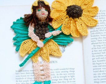 sunflower flower fairy bookmark/decoration, kansas state flower sunflower fairy decoration, unique bookmark, readers gift, flowerfairy decor