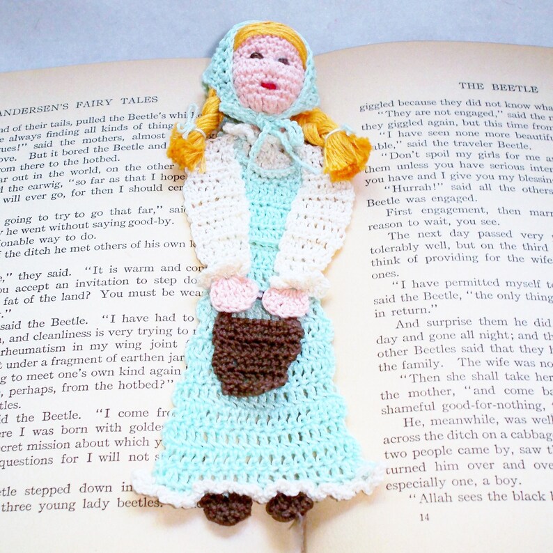 Jack and Jill, Jill with pail crochet bookmark DIY, thread crochet bookmark instructions, unique bookmark pattern, stocking stuffer diy, image 7