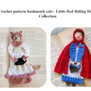 fairytale bookmark DIY, red riding hood bookmark DIY, wolf crochet pattern set, librarian gift diy, crochet bookmark patterns, crochet diy image 1