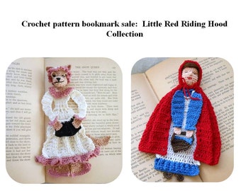 fairytale bookmark DIY, red riding hood bookmark DIY, wolf crochet pattern set, librarian gift diy, crochet bookmark patterns, crochet diy