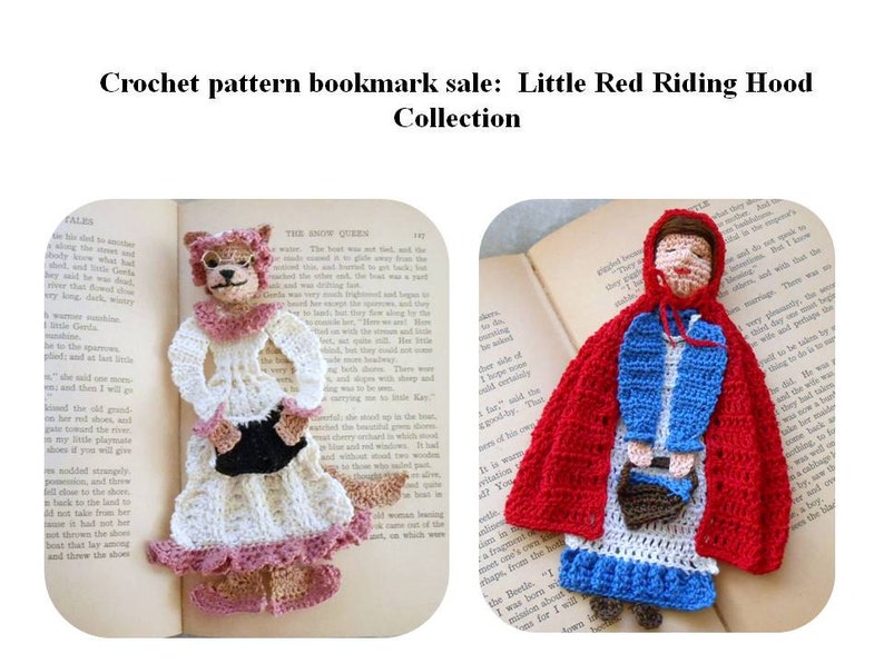 fairytale bookmark DIY, red riding hood bookmark DIY, wolf crochet pattern set, librarian gift diy, crochet bookmark patterns, crochet diy image 1