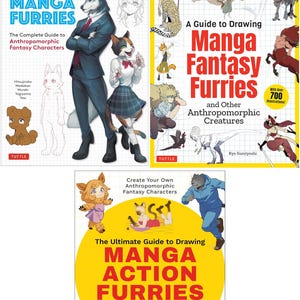 May include: Three books on drawing manga furries. The top left book is titled "How to Draw Manga Furries" with a wolf and cat character illustration. The top right book is titled "A Guide to Drawing Manga Fantasy Furries". The bottom book is titled "Manga Action Furries".