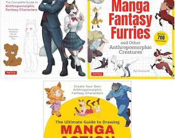 Bundle 3 How to Draw Manga Furries , Drawing Fantasy Furry & Action Furry - English - Drawing Anthropomorphic Fantasy Characters Book