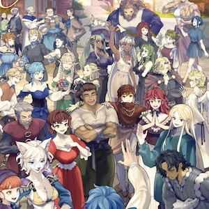 Könnte beinhalten: Eine farbenfrohe Illustration einer Gruppe von Charakteren aus der Anime-Serie "Unicorn Overlord." Die Charaktere sind in verschiedenen Kostümen gekleidet und stehen vor einem Gebäude mit einem Schild, auf dem "Official Design Works" steht.