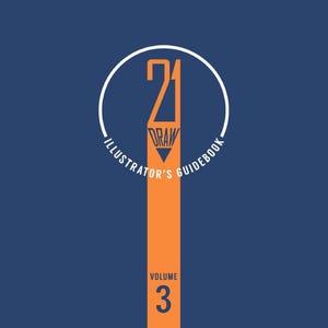 May include: A white circle with the number 21 inside and the words "DRAW ILLUSTRATOR'S GUIDEBOOK" around it. A vertical orange stripe with the word "VOLUME" and the number 3 below it.