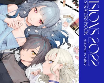 Könnte beinhalten: Vier Anime-Frauen mit unterschiedlichen Haarfarben und -stilen liegen auf einer weißen Oberfläche. Sie sind von Make-up und Accessoires umgeben. Der Text "VISIONS 2022 ILLUSTRATORS BOOK SUPERVISED BY PIXIV" befindet sich auf der rechten Seite des Bildes.