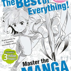 Może przedstawiać: Okładka książki z kreskówkową ilustracją dziewczyny rysującej ołówkiem. Tytuł to "Kawaii Sensei: The Best of Everything! Master the Manga Drawing Techniques". Okładka zawiera również tekst "Learn with LvUP Sheet" i "Followers 3 million Peoples!"