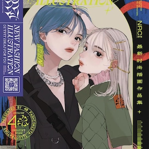 Può includere: Una copertina di rivista con due personaggi in stile anime, una persona con i capelli blu e una persona con i capelli bianchi, che indossano abiti alla moda. Il testo della copertina recita "New Fashion Illustration" e "NRCI 最新时尚插画作品集 +" in giapponese.