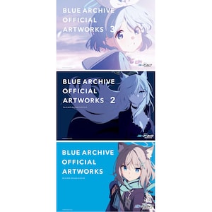 May include: Three art books titled "BLUE ARCHIVE OFFICIAL ARTWORKS" are stacked vertically. Each book features a different anime-style character illustration on a blue background. The top book is labeled "3", the middle book is labeled "2", and the bottom book has no number.