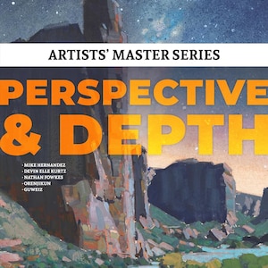 May include: A book cover with a painting of a landscape with a river and mountains. The title of the book is "Perspective & Depth" and the subtitle is "Artists' Master Series".
