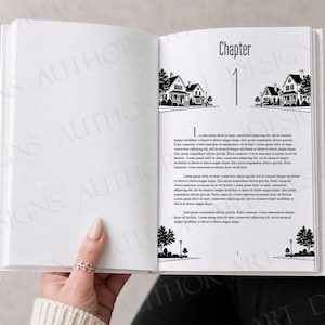 May include: An open book displaying a page with the heading Chapter 1, featuring black and white illustrations of houses and trees at the top and bottom. The text is written in Latin, and the page layout includes a large number one below the title.