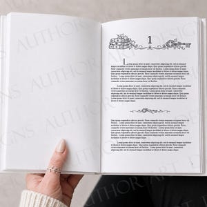 May include: An open book with white pages featuring black printed text. The right page displays the number 1, a decorative illustration of stacked books, and a vintage key with leafy vines. The text is arranged in paragraphs with a drop cap.