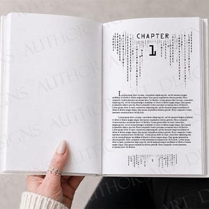 May include: An open book with white pages featuring black text. The right page displays the heading CHAPTER 1 with a decorative design of vertical binary code digits arranged in a triangular pattern above and below the Latin placeholder text.