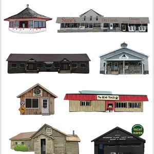 May include: A digital illustration of various buildings on Drummond Island, Michigan. The buildings include a gazebo, a grocery store, a town hall, a liquor store, a restaurant, and a yacht haven.