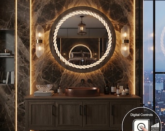 LED Lighted Round Rope Mirror, Backlit Wooden Circle Mirror, Nautical Wall Decor for Bathroom Entryway, Large Glowing Vanity Mirror Art