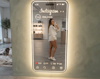 Custom Instagram Selfie Mirror, Organic Shape, Lighted Vanity, Bluetooth Speaker (Custom Size)