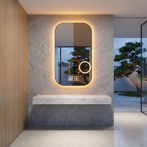 May include: A rectangular wall-mounted mirror with rounded corners and integrated LED backlighting. The mirror features a touch-sensitive control panel on the glass surface with illuminated icons for light adjustment and a circular light ring.
