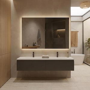 Puede incluir: Un baño moderno con un gran espejo rectangular con un borde cálido y brillante. Debajo del espejo hay una encimera blanca con dos grifos negros y un mueble gris oscuro. La habitación tiene una paleta de colores neutros con elementos de madera y piedra.