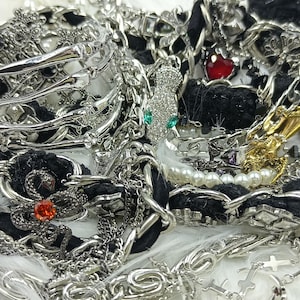 Puede incluir: Un surtido de joyas plateadas, que incluye pulseras, collares y colgantes. La colecci&oacute;n presenta varios dise&ntilde;os, como cruces, corazones y motivos de serpientes. Algunas piezas est&aacute;n adornadas con pedrer&iacute;a y perlas, creando una est&eacute;tica glamurosa y detallada.