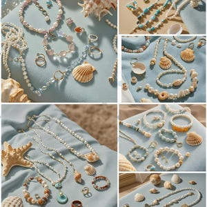 May include: A collection of jewelry, including necklaces, bracelets, and rings, featuring pearls, beads, and seashells. The jewelry is arranged on a light blue fabric, with seashells scattered around. The color palette includes white, gold, and various pastel shades.