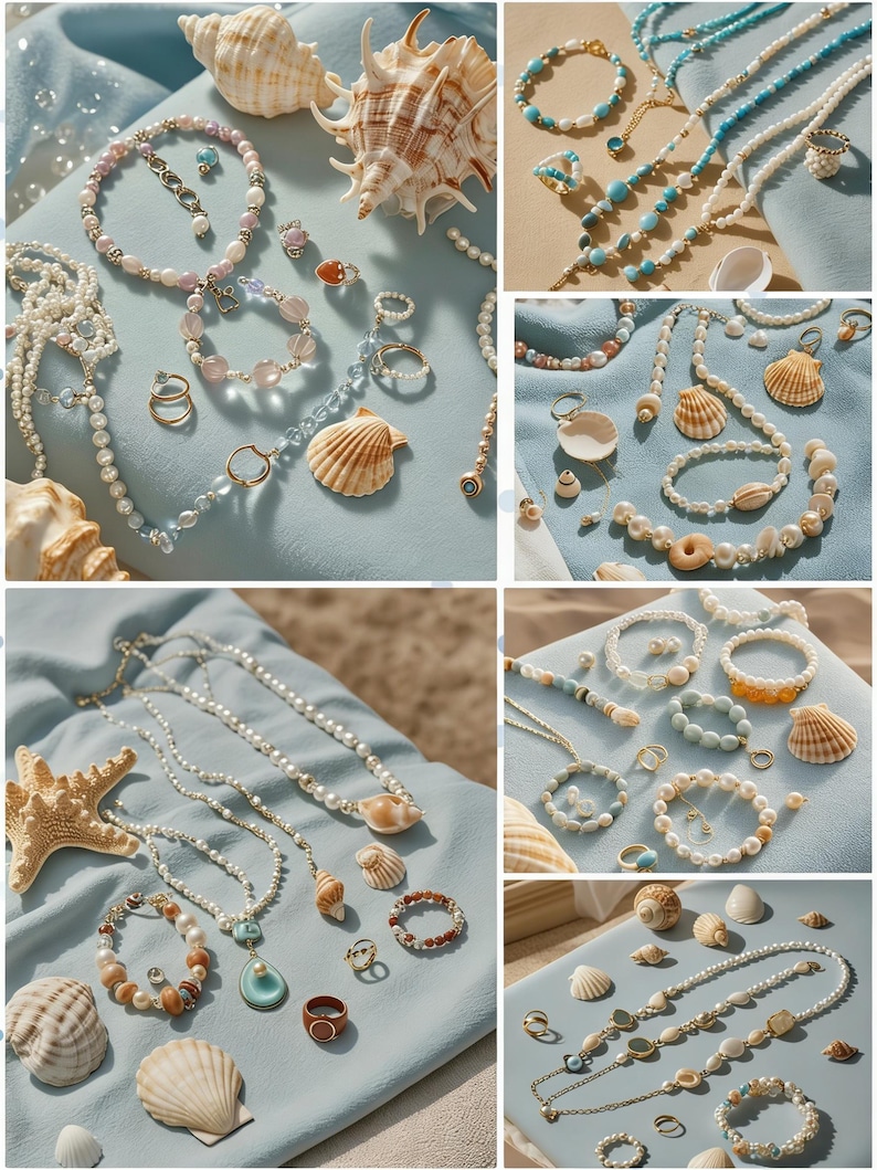 May include: A collection of jewelry, including necklaces, bracelets, and rings, featuring pearls, beads, and seashells. The jewelry is arranged on a light blue fabric, with seashells scattered around. The color palette includes white, gold, and various pastel shades.