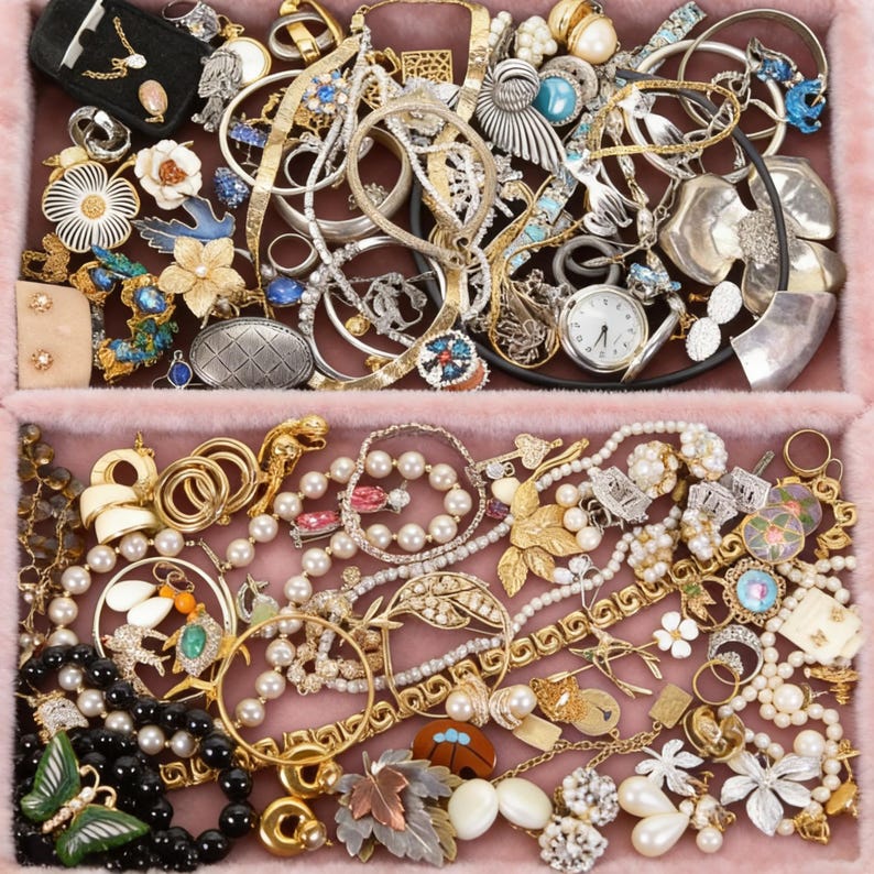 May include: A collection of vintage jewelry, including necklaces, bracelets, rings, and earrings, in gold, silver, and various gemstones. The jewelry is arranged in a pink, plush-lined jewelry box, showcasing a variety of styles and designs.