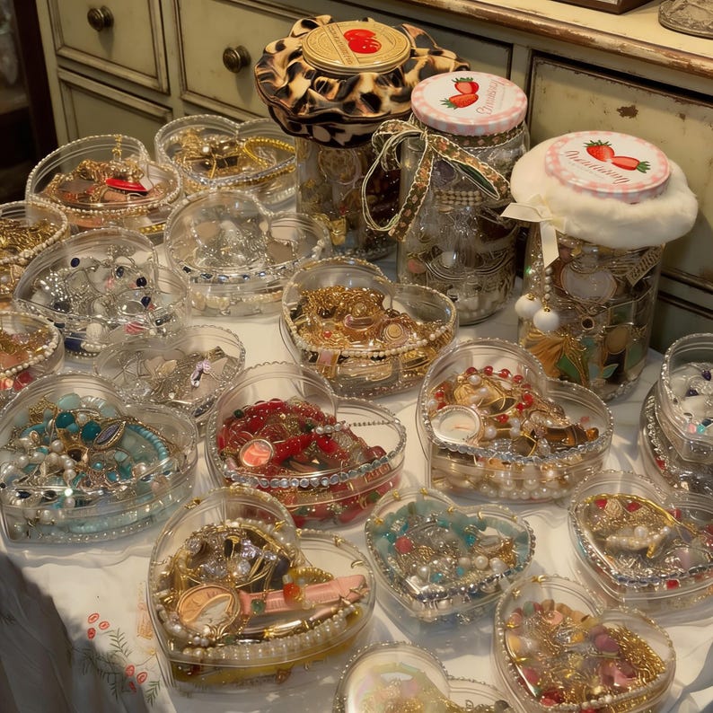 May include: A collection of jewelry displayed in heart-shaped clear plastic containers and glass jars. The jewelry includes necklaces, bracelets, and earrings in various colors and styles. Some jars have strawberry-themed lids. The items are arranged on a white tablecloth.