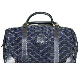 Vintage Celine Boston Bag Black Beige Macadam Handbag Suede Leather