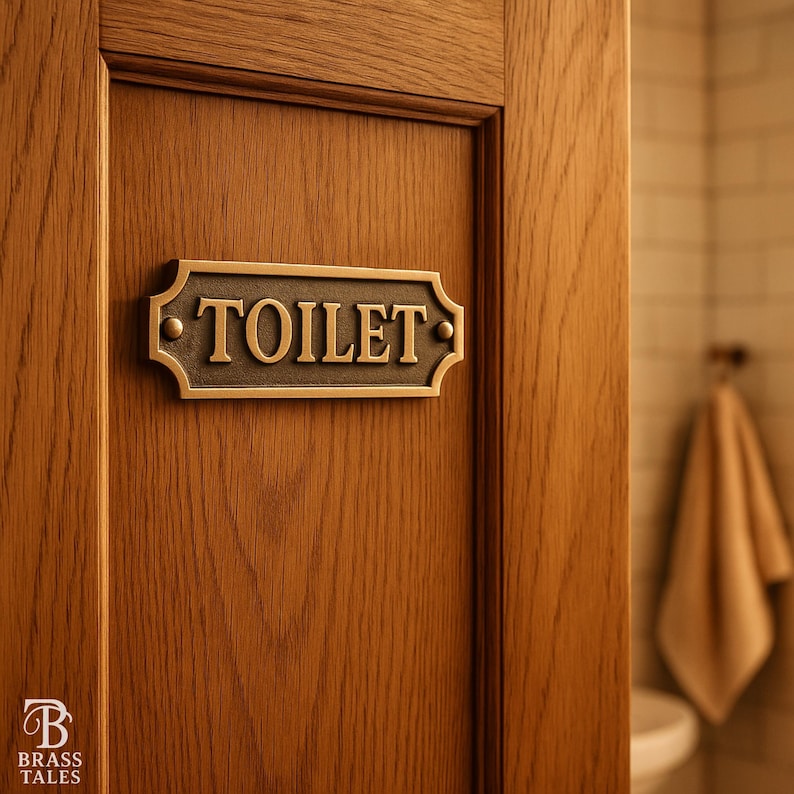 May include: A bronze-colored "TOILET" sign is mounted on a wooden door. The sign has a decorative border and is attached with small rivets. The door is made of wood with a visible grain pattern. The sign is from "Brass Tales".